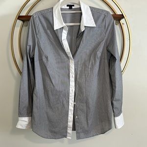 Ann Taylor Crisp White and Black Cotton Blend Striped Button Down Blouse 12